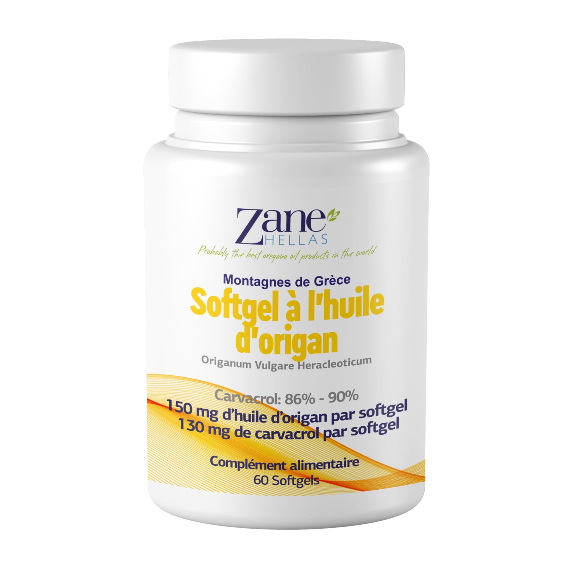Zane Hellas Gélules d’huile d’origan. La concentration la plus élevée au monde. Chaque Softgel contient 30% d'huile essentielle grecque pure d'origan. 130 mg de carvacrol par softgel. 60 gélules.