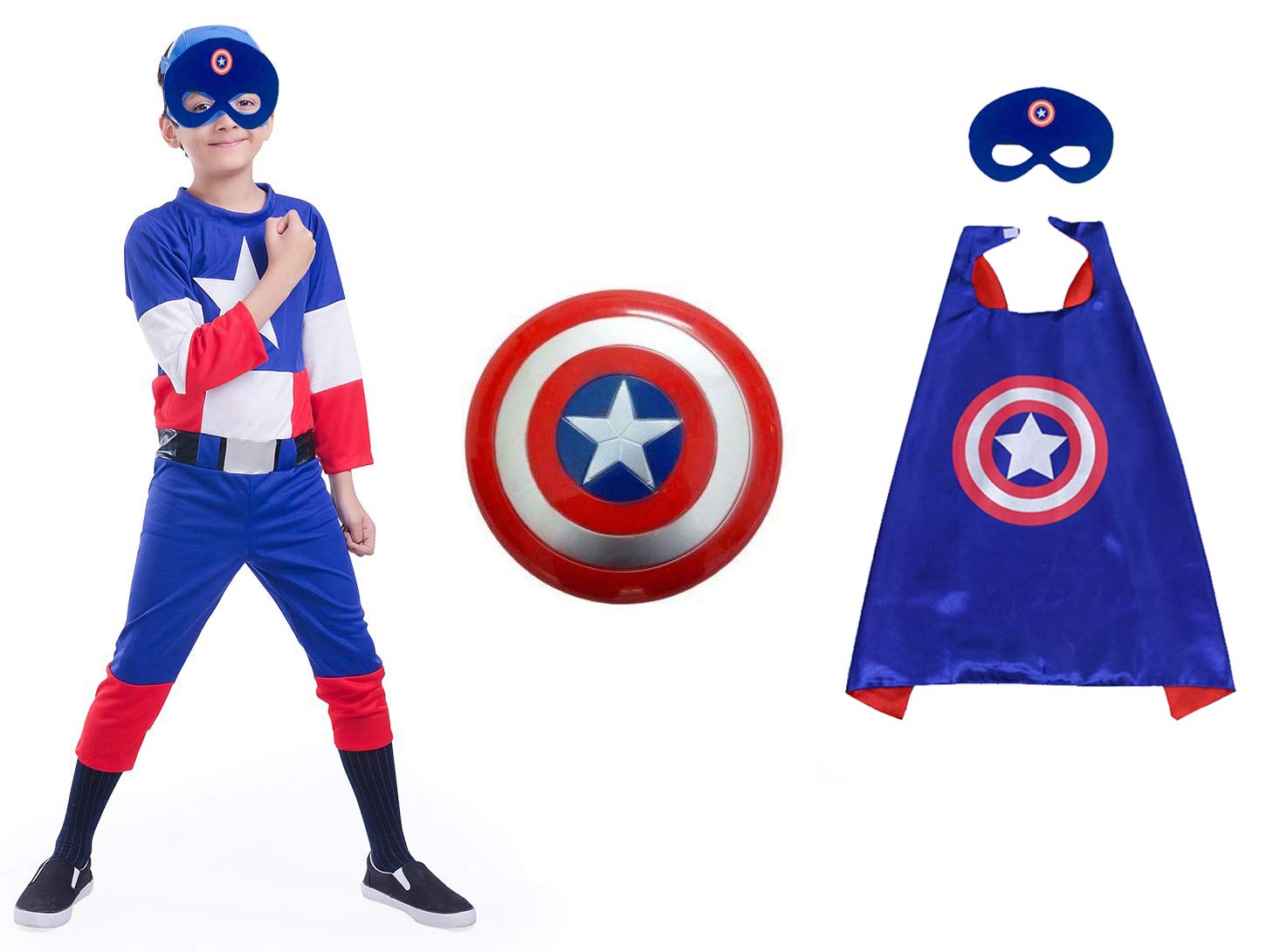 FancyDressWale American Soldier Jumpuit costume for Boys with Cape,Felt Mask and Plastic Shield; Blue; 2-4 Years (B08W38B2XM) Amazon Price History, Amazon Price Tracker