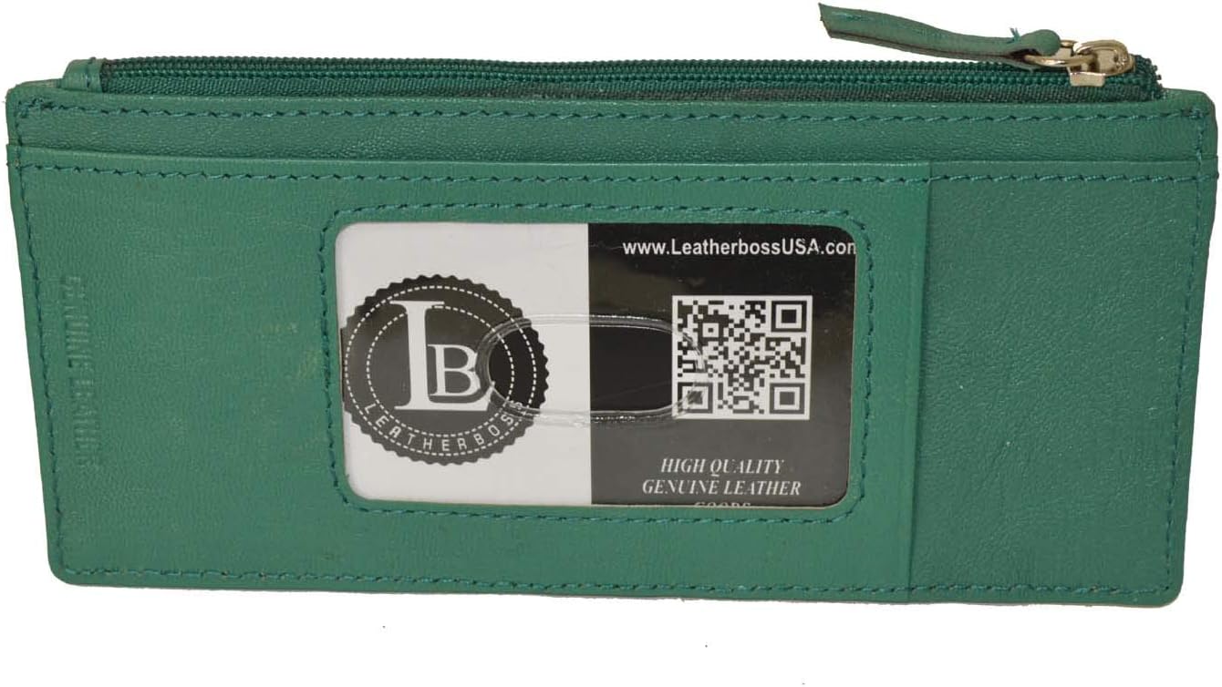 Leatherboss Genuine Leather Women's All in One Credit Business Card Case Holder Slim Zipper Wallet With a Card Protection Strap, Forest Green - Image 2