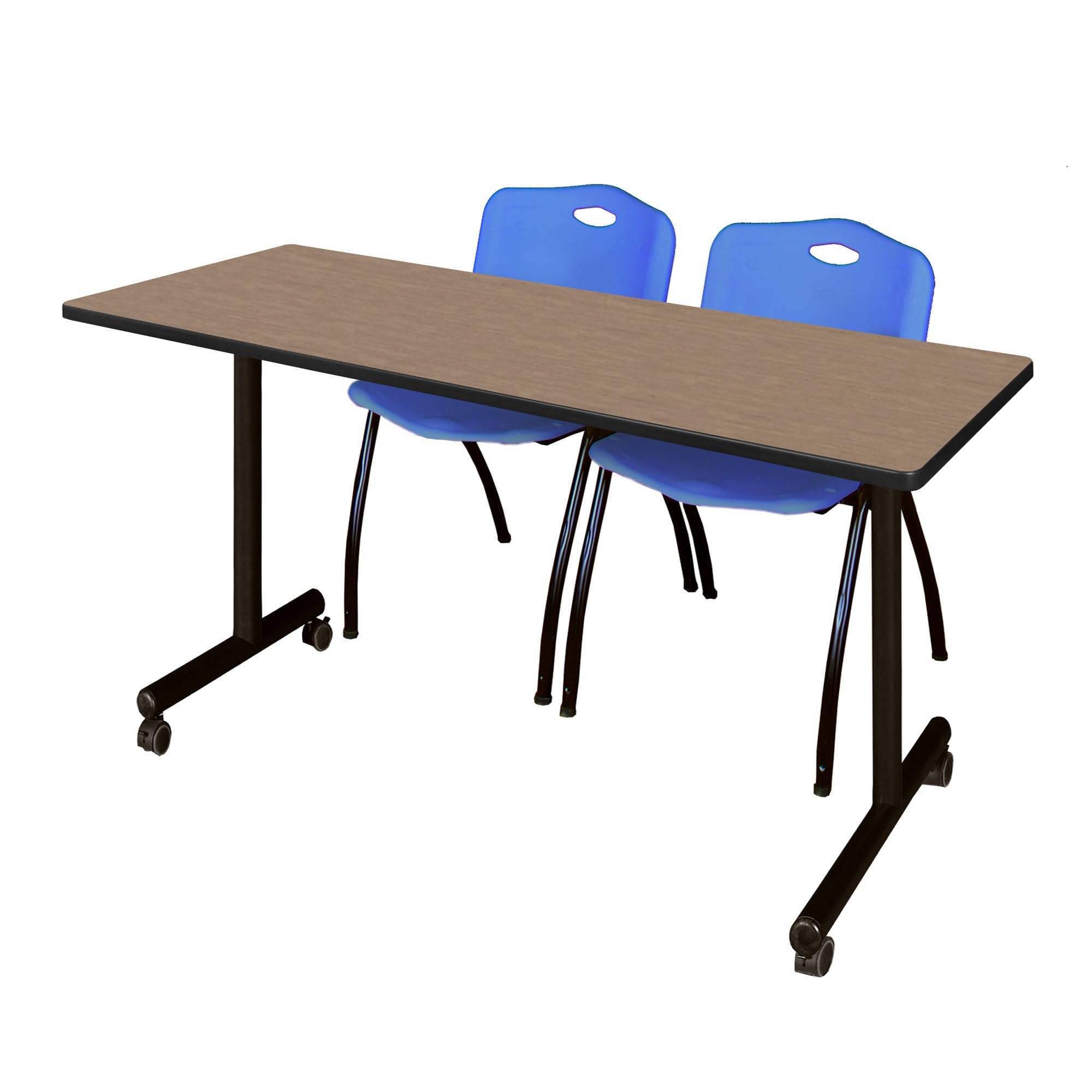 Romig Axis-Pro 66 x 24 in. Mobile T-Base Training Table- Noble Oak, 2 M Stack Chairs- Blue