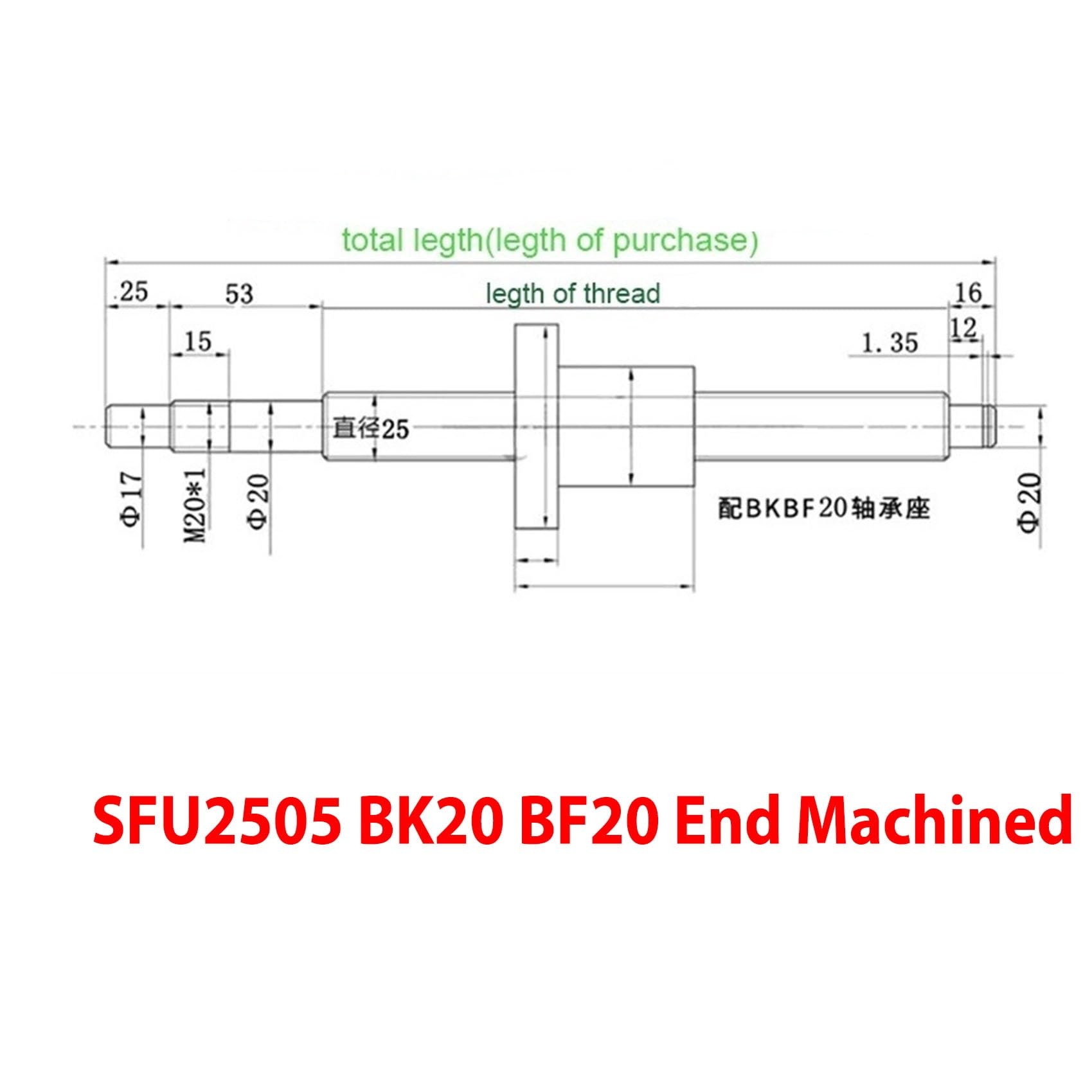 GTPBAO SFU2505 Kugelumlaufspindel C5 geschliffenes Rechtsgewinde BK20 BF20 endbearbeitete 2505 Kugelumlaufspindel mit Flanschmutter for Roboterarm Bewegungsschiene(300mm)