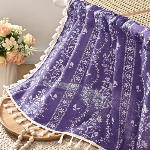 Image of Yinhua Boho Valance Curtains Vintage Linen Kitchen Valances for Windows Light Filtering Bohemian Floral Valance Rod Pocket Tassel Window Valances for Bathroom Cafe, 52 inch W X 18 inch L, Purple