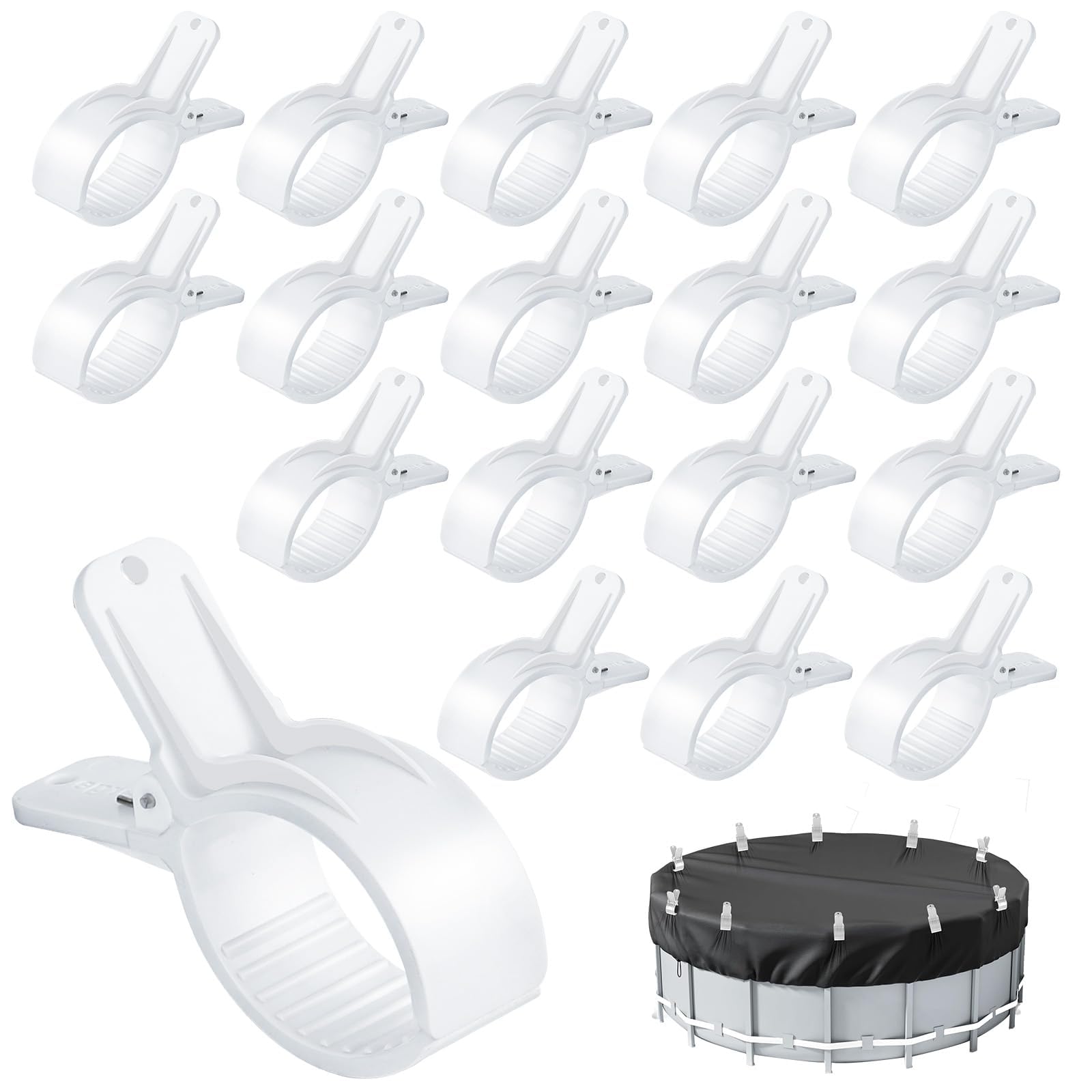 Juego de 18 juntas para lona de piscina, pinzas de gran envergadura, abrazadera de resorte fuerte para cubierta de piscina, accesorios de piscina, clips para lona de protección (blanco, grande x 18)