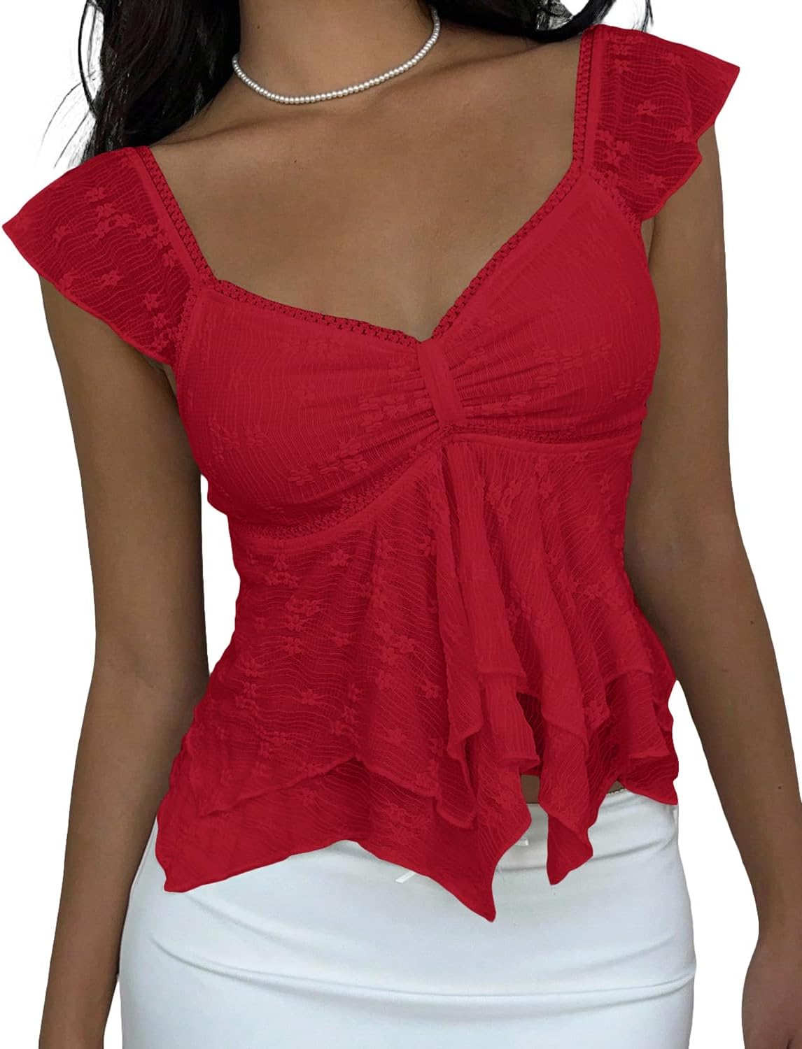 Women Y2K Ruffle Flowy Peplum Babydoll Crop Tank Cute Sheer Floral Lace Sweetheart Neck Tops Tiered Going Out Shirt