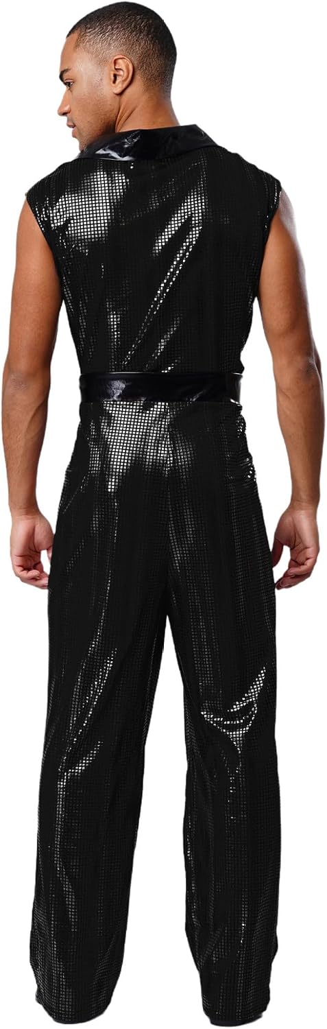 Lejafay Men's 70s Disco Dance Costume Retro Party Wear Metallic Shiny Plaid Hippie Rompers Jumpsuit