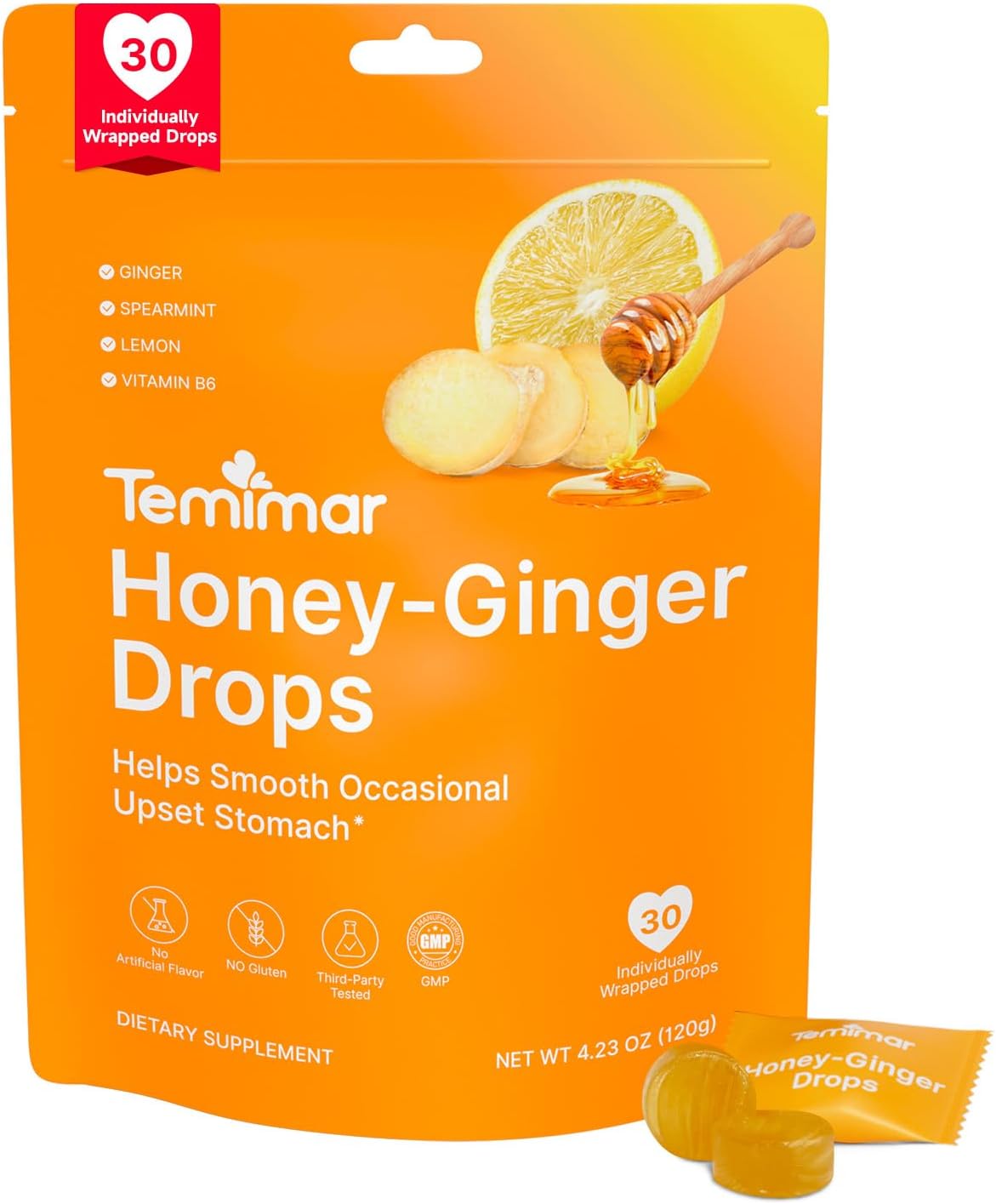 Honey-Ginger Drops for Nausea Relief, Ginger Candy for Morning Sickness, Motion Sickness & Stomach Soothe, Added Vitamin B6 for Pregnancy Nausea Relief, 30 Individually Lozenges