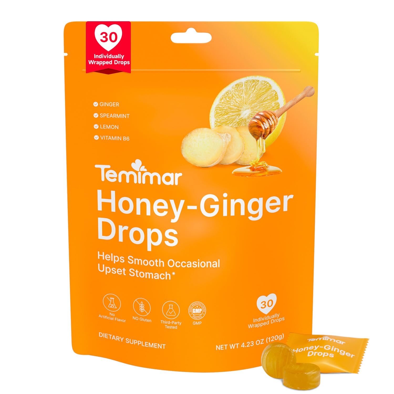 Honey-Ginger Drops for Nausea Relief, Ginger Candy for Morning Sickness, Motion Sickness & Stomach Soothe, Added Vitamin B6 for Pregnancy Nausea Relief, 30 Individually Lozenges