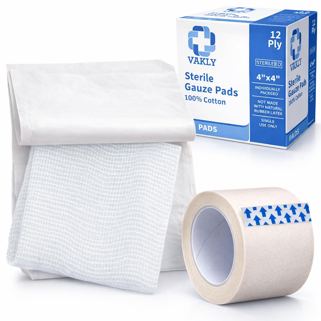 Vakly 4x4 Sterile Gauze Pads 12-Ply Thick 100% Cotton [100 Pack] Highly Absorbent 4 inch Woven Dressing Sponges for First Aid Wound Care -