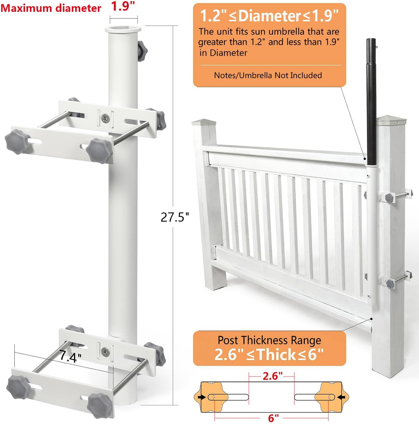 304 Stainless Steel Patio Umbrella Holder, Heavy-Duty Umbrella Deck Mount, for Outdoor Umbrella Holder for Deck Railing,Post Deck Umbrella Mount (Post, White)