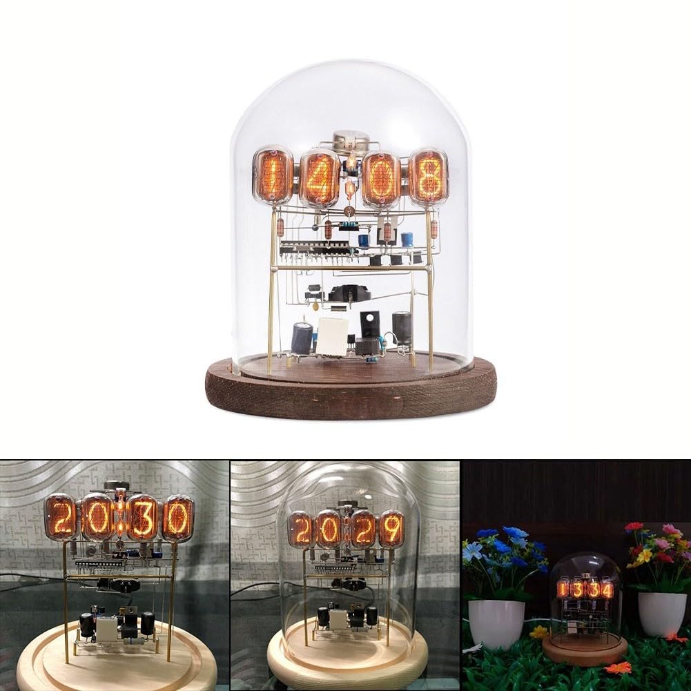 Zoegneer IN12 Nixie Kit d'horloge à tube à monter soi-même avec verre et base en bois, affichage LED de style rétro, rétroéclairage RVB 24 heures, alimenté par USB avec batterie intégrée, heure élevée