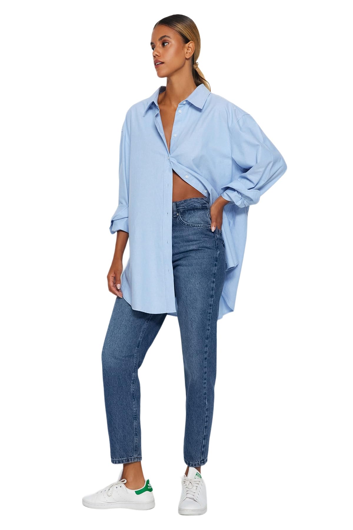 Trendyol - Dark Blue High Waist Mom Jeans Twoaw24je00076, Jeans Donna
