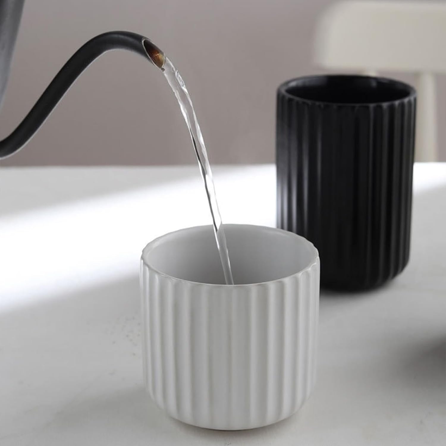 Nordic Ceramic Mug, Japanese Tea Cup 6oz Striped Cup No Handle Drinking Cup for Espresso, Cortado, Matcha, Green Tea, Microwave and Dishwasher Safe, Minimalist coffee Cup-Matte White image 5