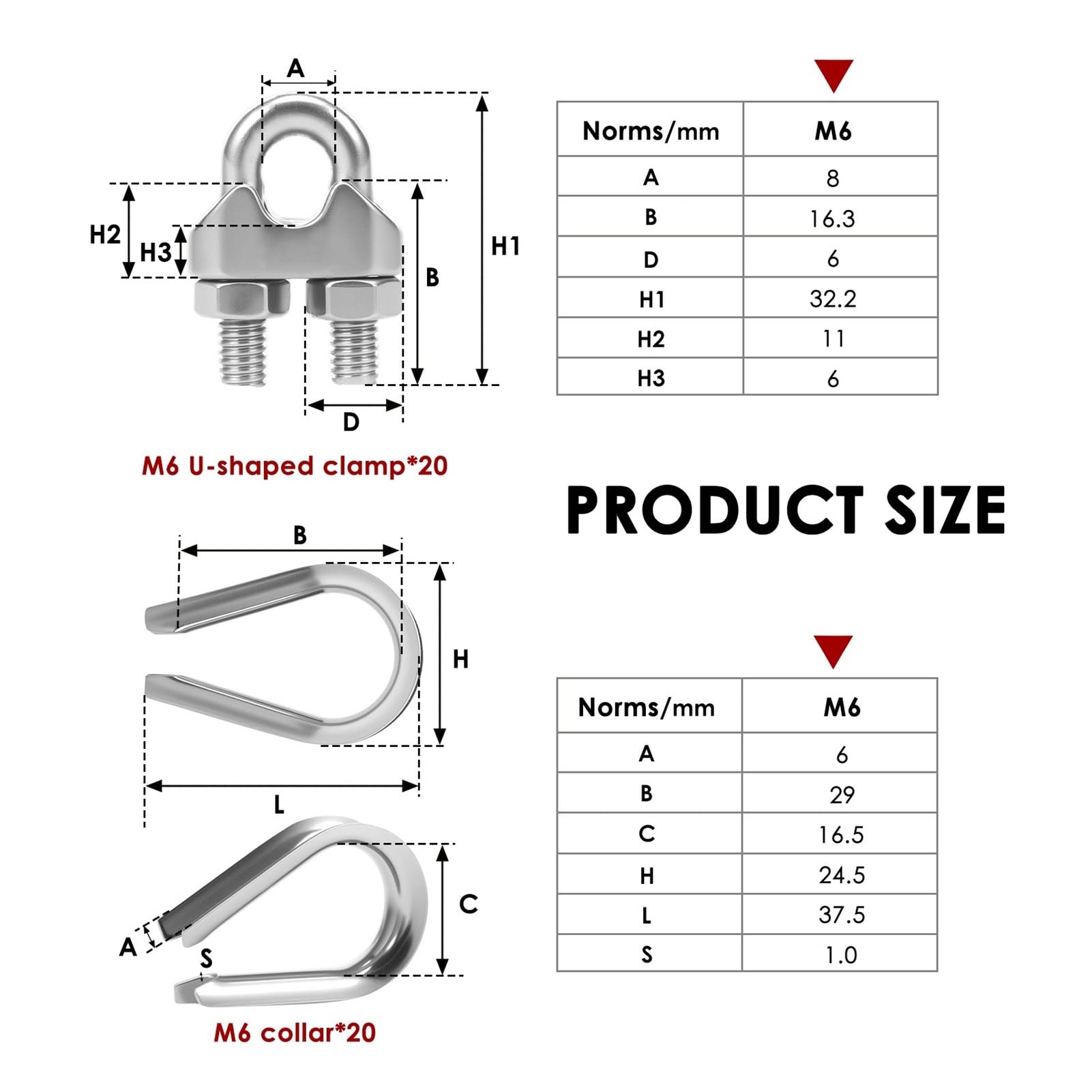 abrazadera de cable de acero, Juego de abrazaderas for cable de acero inoxidable con guardacabos plateado M3/M5/M6(40pcs M5)