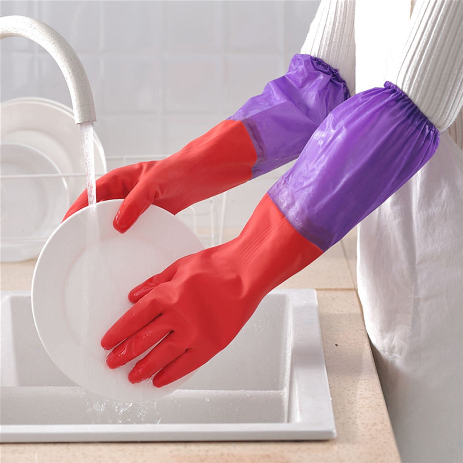Guantes domésticos de lavado de caucho impermeable Dishwashing Gloves Rubber Plastic Household Cleaning Kitchen Durable Waterproof Latex(Rosso)