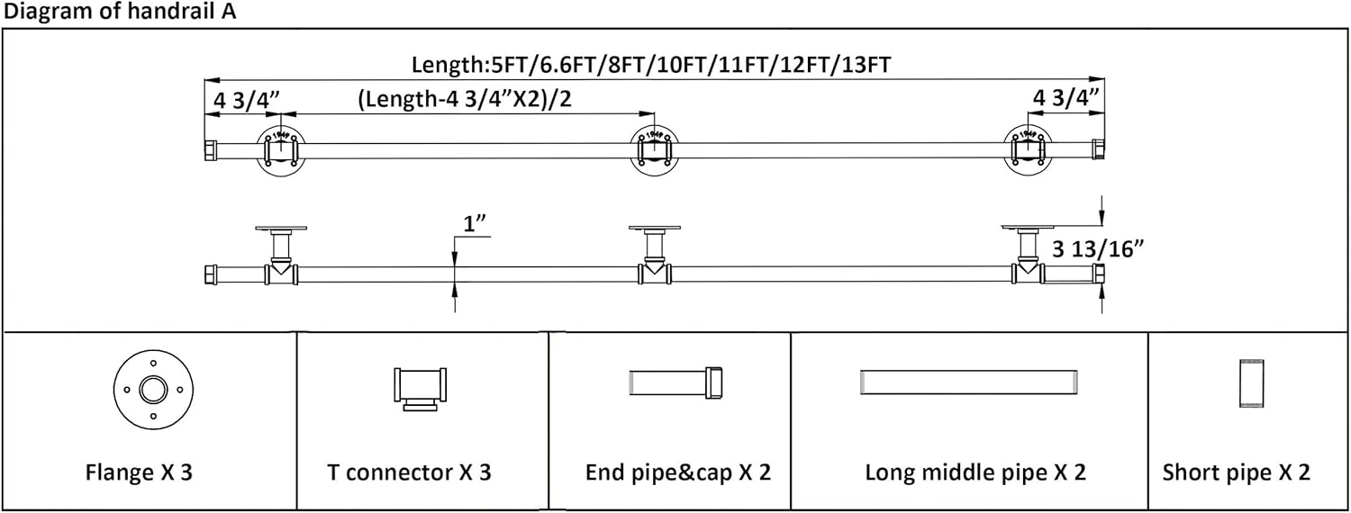 DIYHD 5FT 3 Wall Support Industrial Black Iron Loft Pipe Handrail for Stairs,Rustic Black,Straight Style - - 