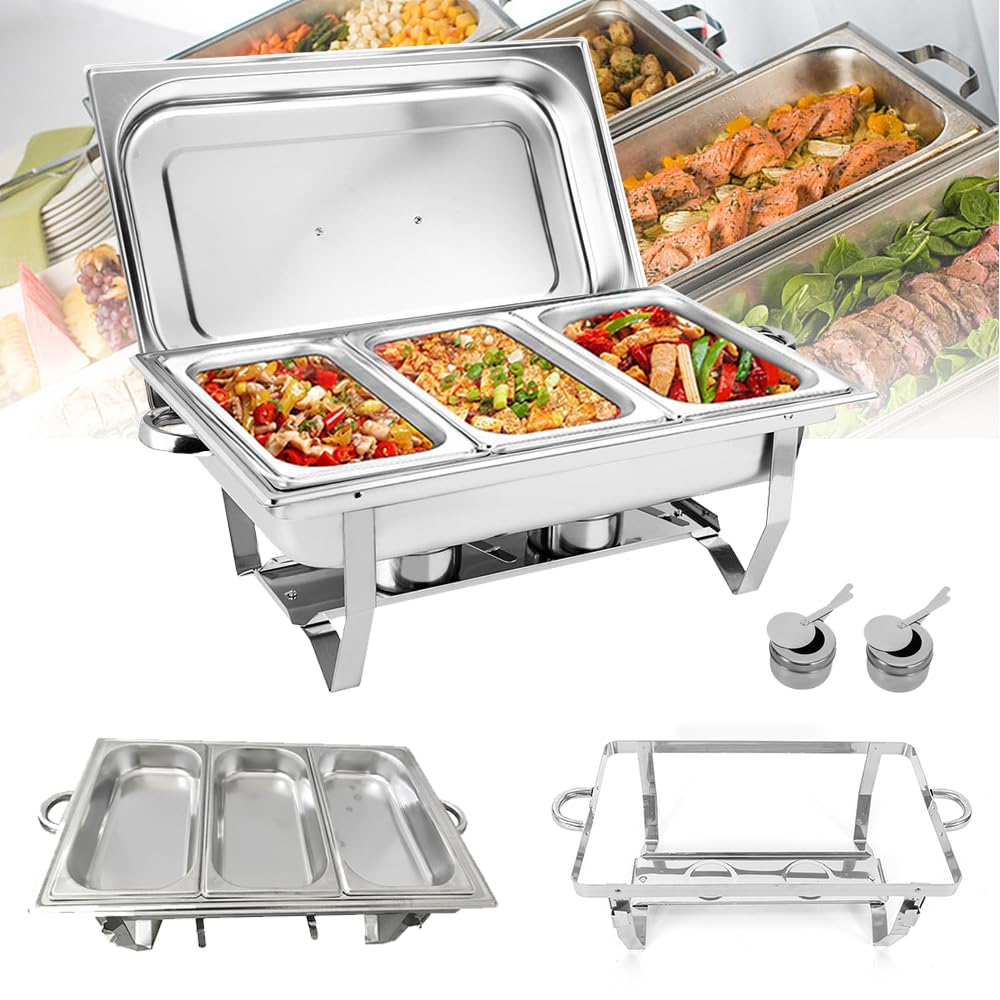 Chafing Dish,Edelstahl Warmhaltebehälter,Speisenwärmer, Edelstahl Speisenwärmer Behälter,Wärmebehälter für Catering, Buffet und Party,55.7x34x38.3cm(FÜR 3 PFANNEN)
