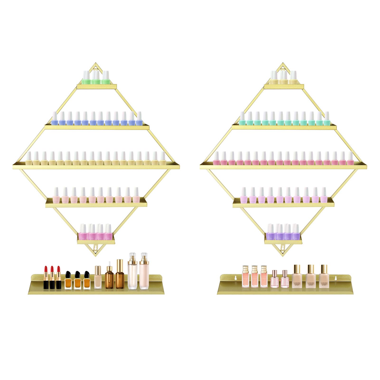 Scaffale per unghie in metallo, per smalti a parete, a 5 livelli, a forma di diamante, con oli essenziali a parete, rossetto (oro)