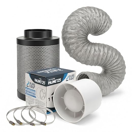 Cultivalley Mini Klima-Set - 105m³ Rohrlüfter & 160m³ Aktivkohle-Filter 100mm Ø - Abluftset für kleine Räume zb. Growzelt Homebox Darkroom Hydroshoot Grow-Room 15 Weedness Grow Abluft Set Set ECO 107 m3/h 100 mm Flansch Belüftungsset - Grow Indoor Aktivkohlefilter Rohrventilator Growbox Belüftungssystem