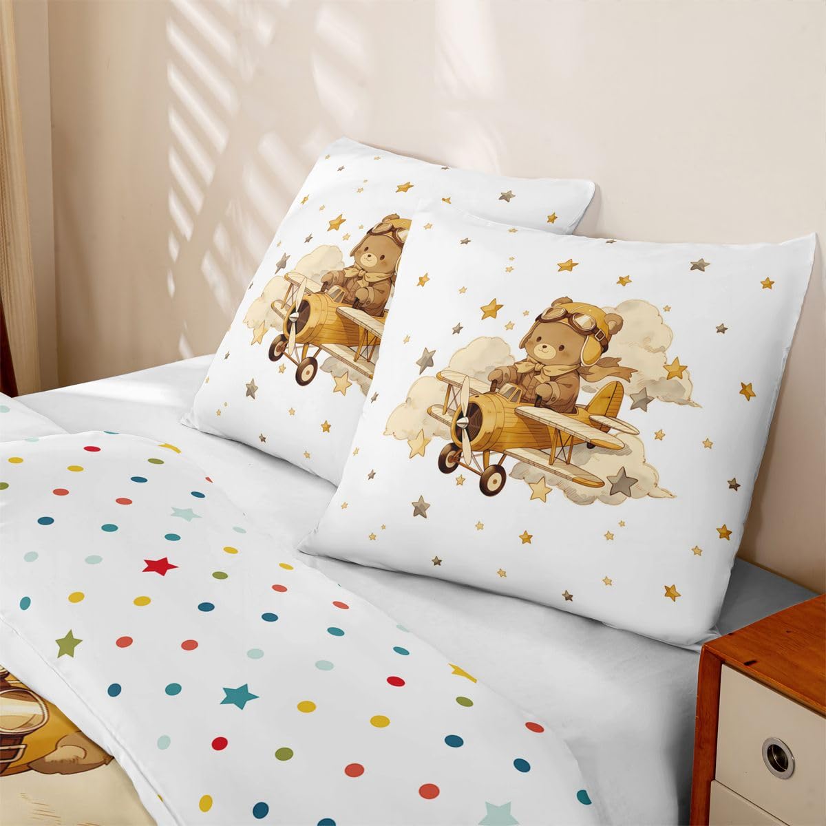 Homewish Cartoon Propellerflugzeug Bettwäsche Set 135x200 4teilig