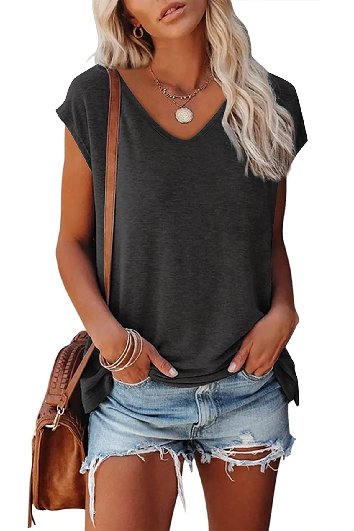 Maglietta da donna a maniche corte, estiva, casual, senza spalline, tinta unita, irregolare, a maniche corte, per donna e donna, S nero, bianco, S