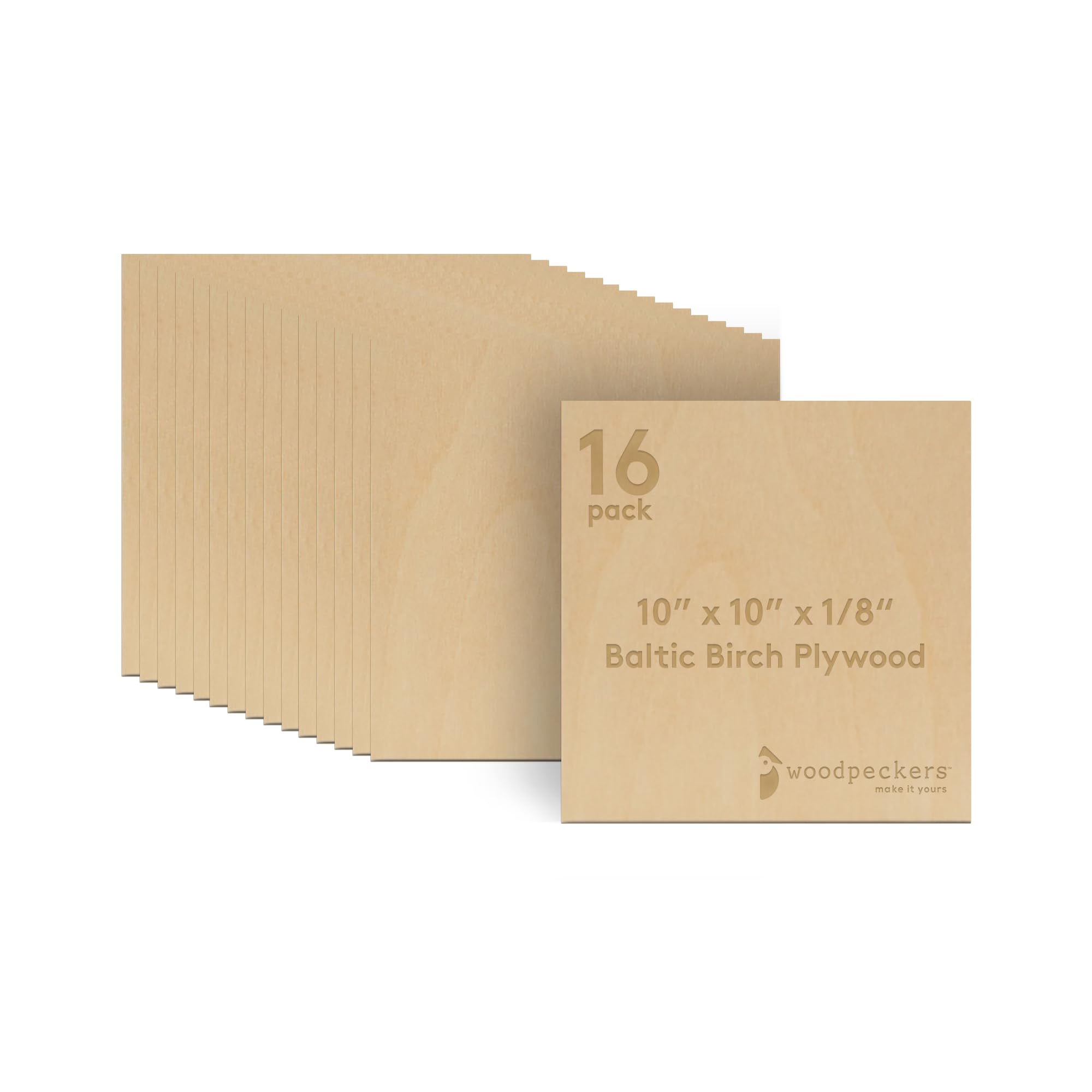 3 mm Baltic Birch Plywood 1/8 x 10 x 10 Inch, Box of 16 B/BB Grade Craft Wood, Stronger Than Basswood Sheets, for Laser, CNC Cutting and Wood Burning, by Woodpeckers