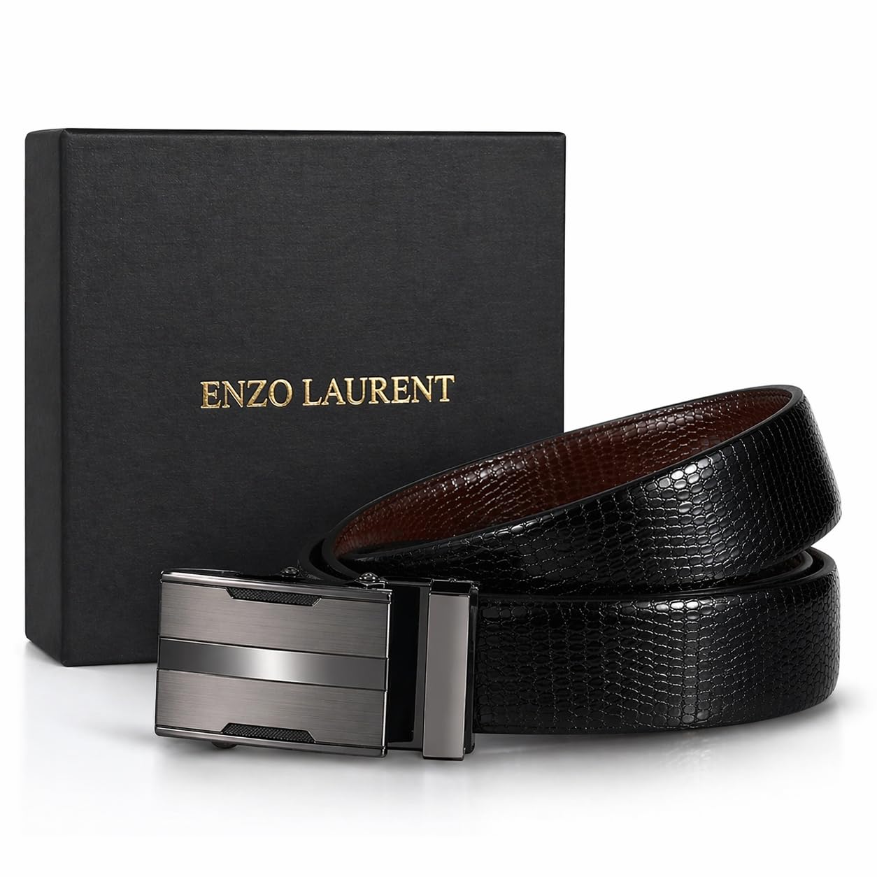 Reversible Belt for Men, Black and Brown, PU Leather, Auto Lock Buckle, Lizard Embossed, Cut to Fit, No Hole Ratchet-image-46