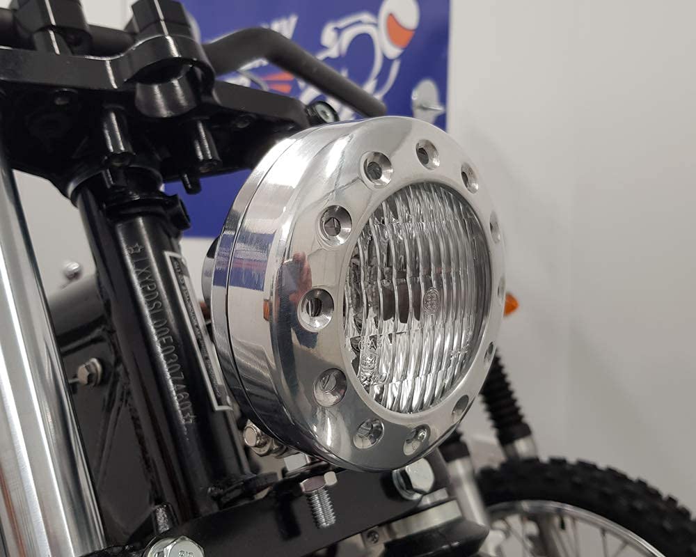 Alchemy Parts Motorrad 5" Scheinwerfer 12V 35W - Poliertes Leichtmetall mit Gebohrte Blende für Individuell Retro Vintage Style Projekt Motorrad