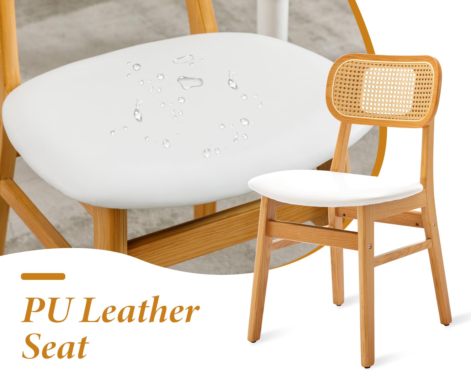 chairus Set van 2 keukenstoelen van PU-leer met rotan rugleuning, stoelen in retrostijl met houten poten voor huis/restaurant, biège