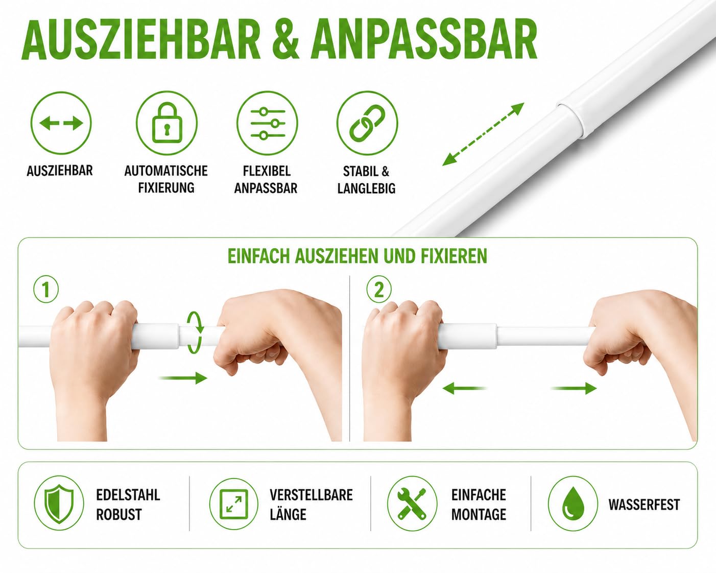 L-Form Teleskop Duschvorhangstange Ausziehbar (60-93 x 60-93 cm) Weiß – Edelstahl Eckduschstange, Montage Ohne Bohren & mit Bohren, Rostfrei, Inkl. 12 Ringen
