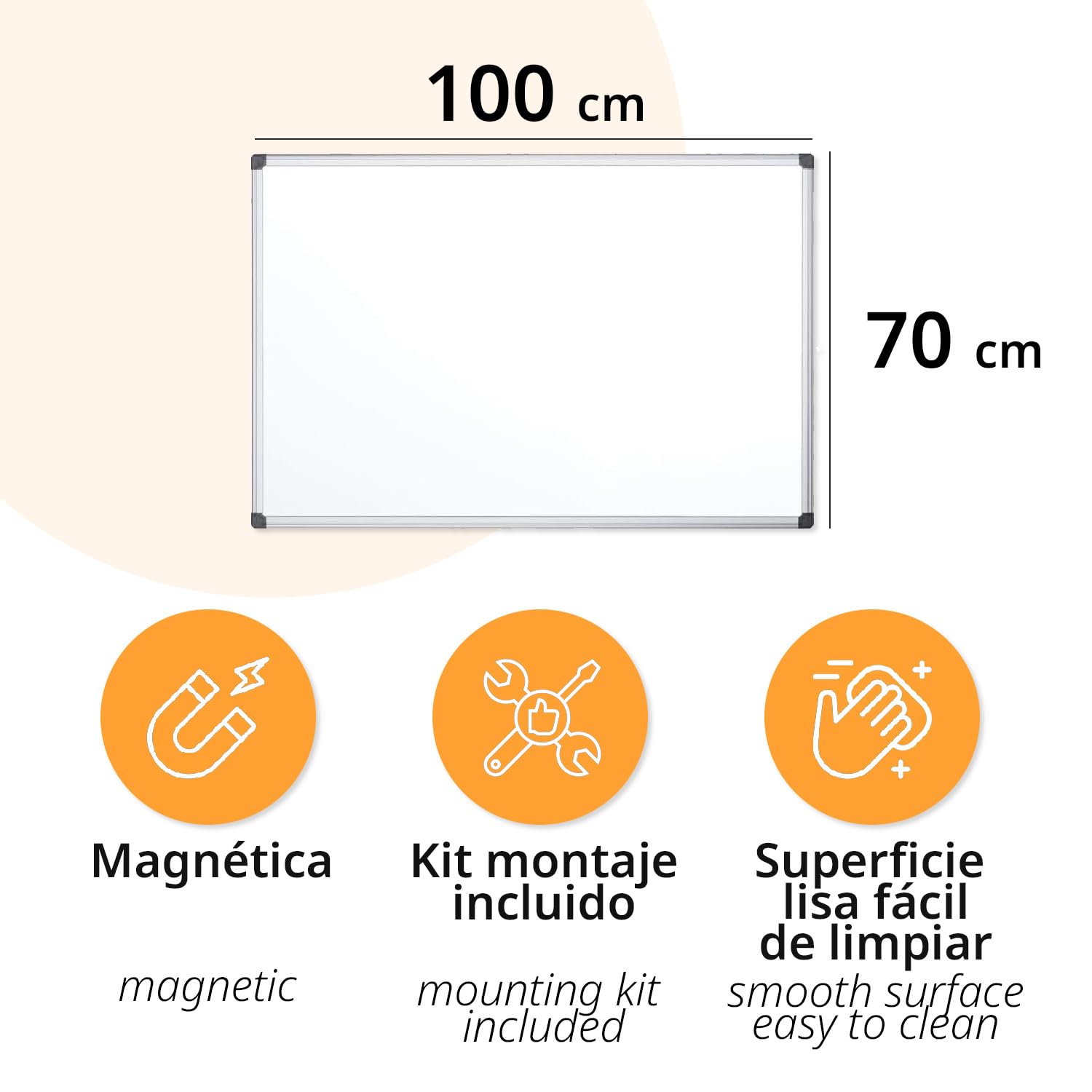 OFITURIA® Pizarra Blanca Magnética Lacada Con Marco De Aluminio Resistente Fácil De Borrar En Seco, Medida 100x70 cm