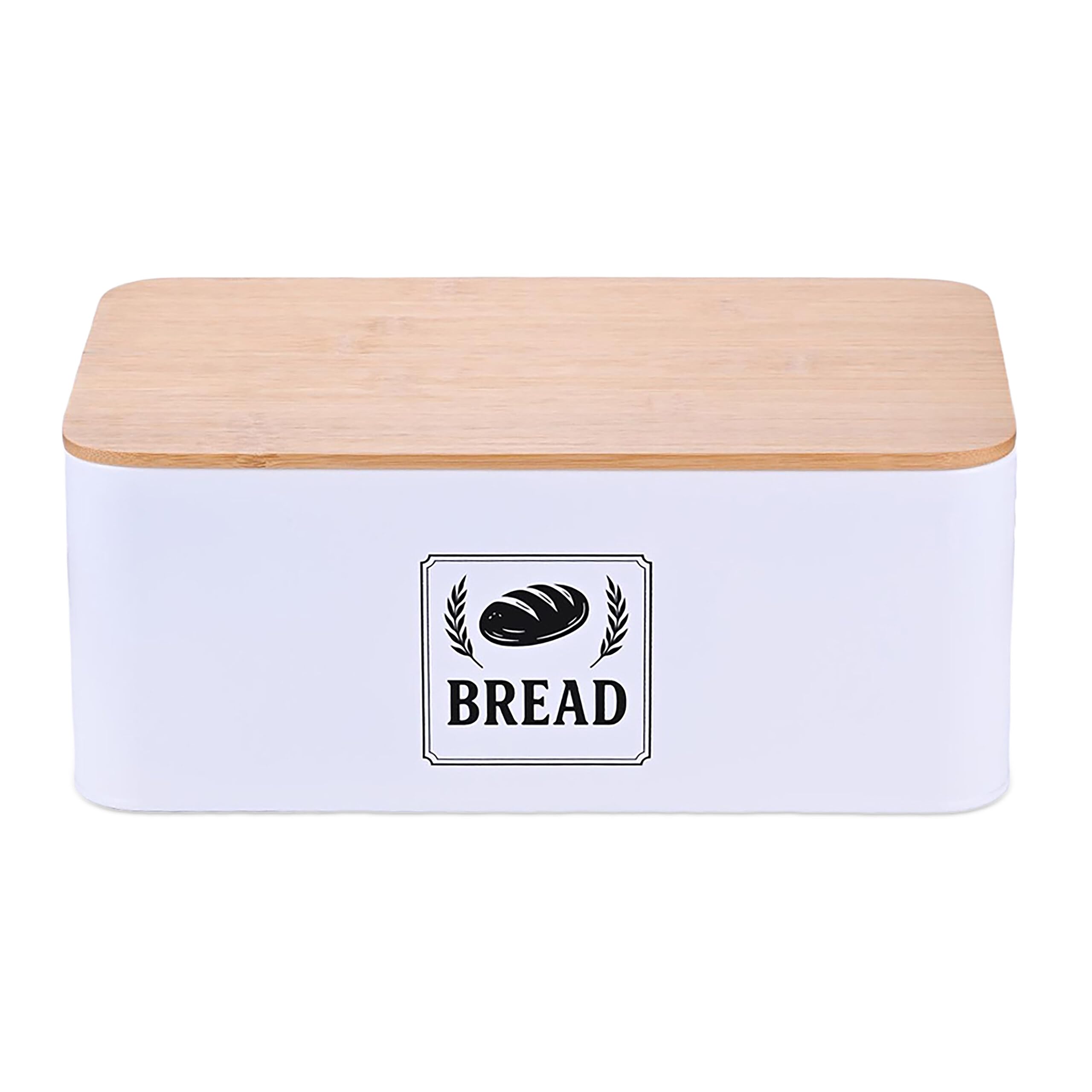 Relaxdays bread box, bamboo lid, metal, HxWxD: 13.5 x 33 x 19 cm, retro bread storage container, white