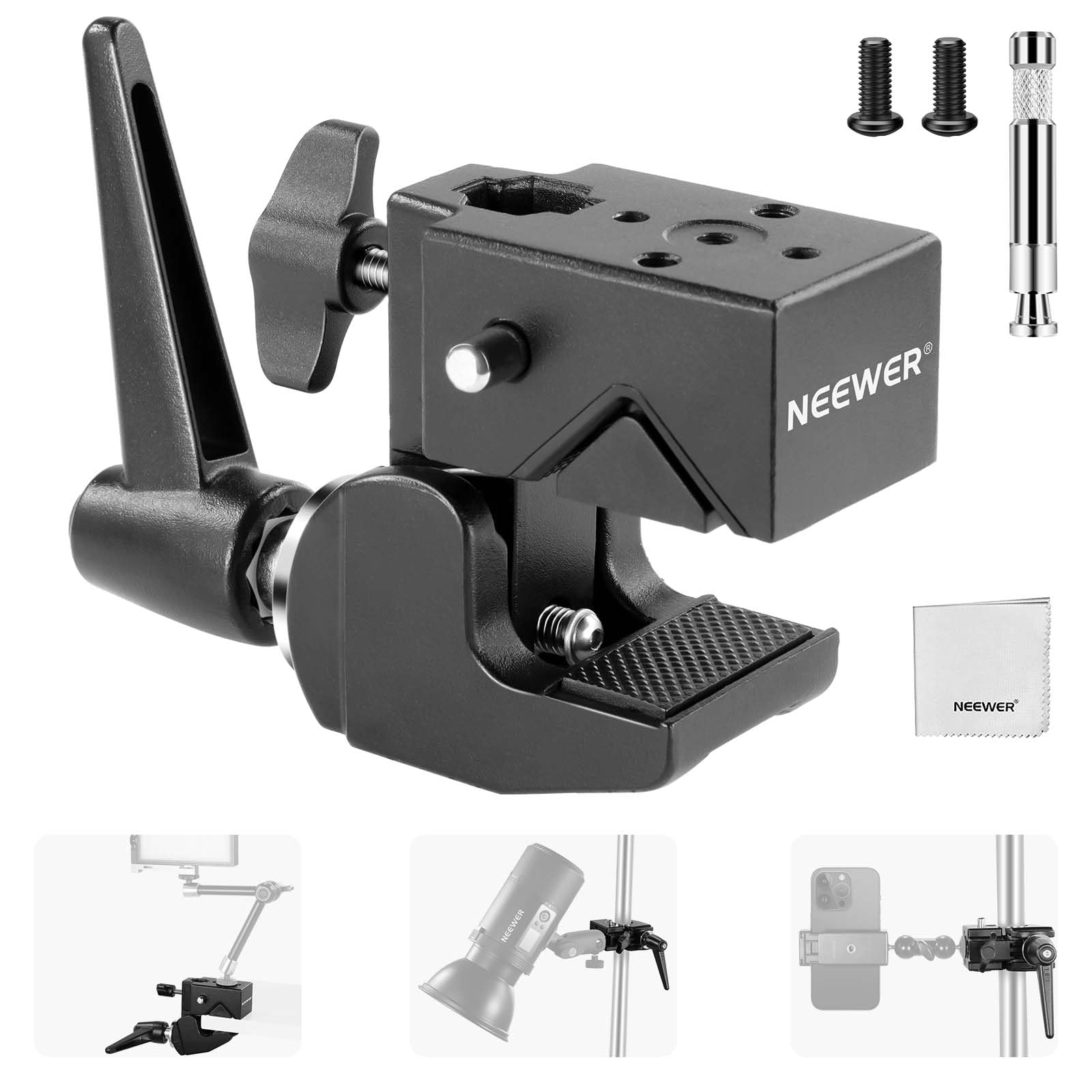 NEEWER Heavy Duty Super Clamp Max Load 33lb/15kg, 2.4" Jaw Grip Crab Clamp Mount for Round Pole Flat Surface with 5/8" Stud/Spring Lock/Cleaning Cloth