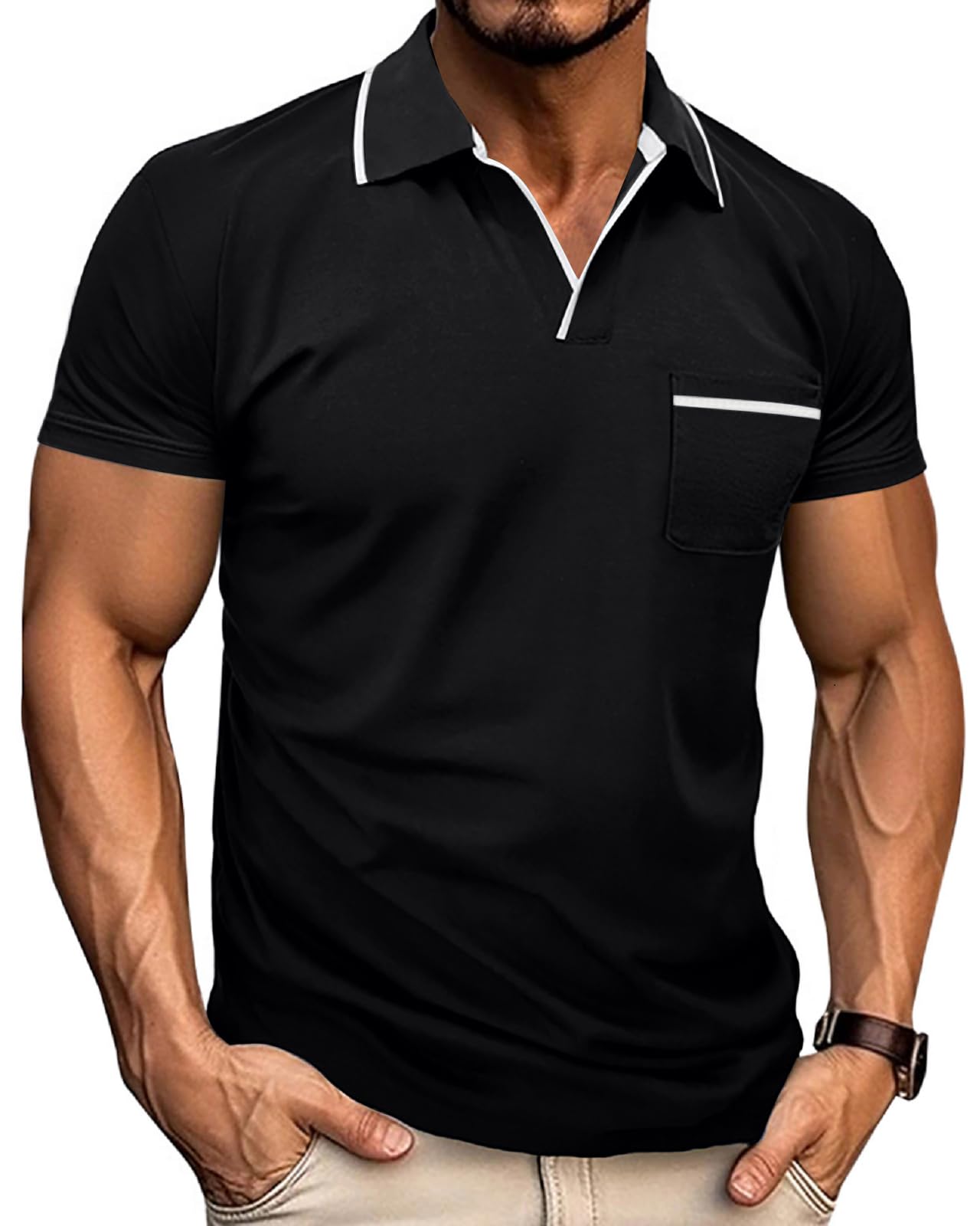 PRIVIMIX Poloshirts Herren Kurzarm/Langarm mit Brusttasche - V-Ausschnitt Einfaches T-Shirt für Alltag & Sport, M-3XL