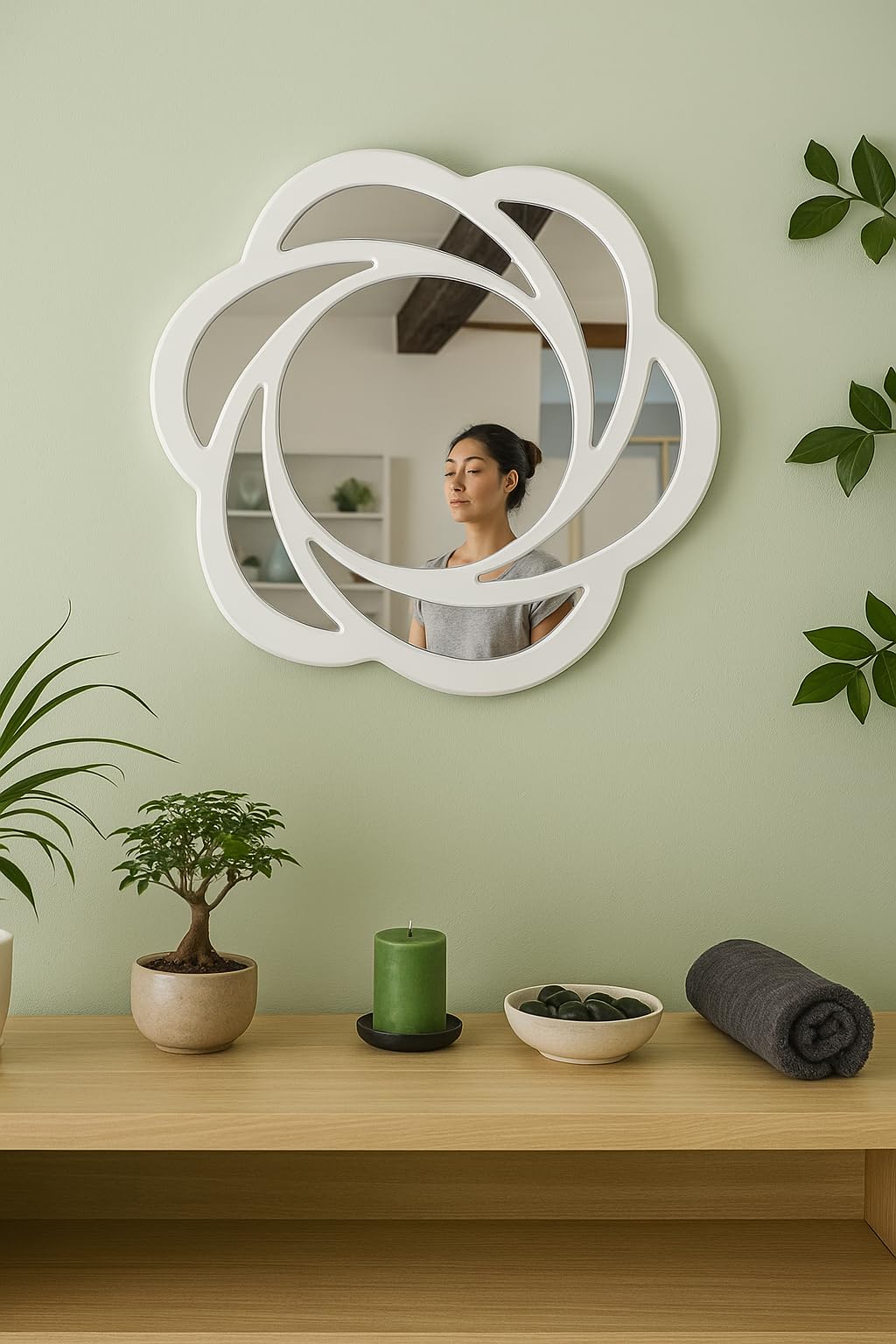 Miroir floral 60 cm cadre bois blanc pour agrandir l'entrée