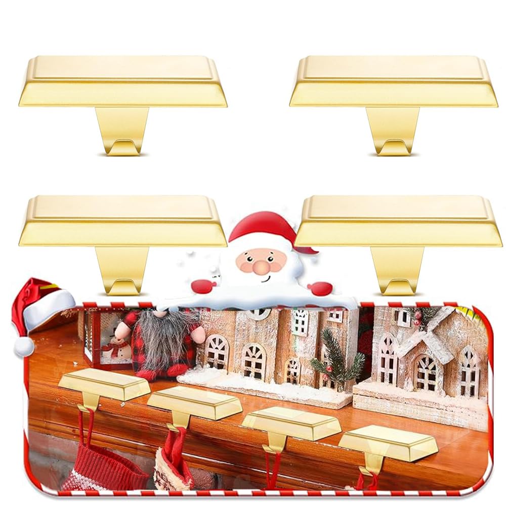 YACFUL Set of 4 Christmas Stocking Holders for Mantle Christmas Stocking Hanging Hooks Weighted Stocking Holder Bases for Holiday Xmas Fireplace Window Home Table Decor (Gold)
