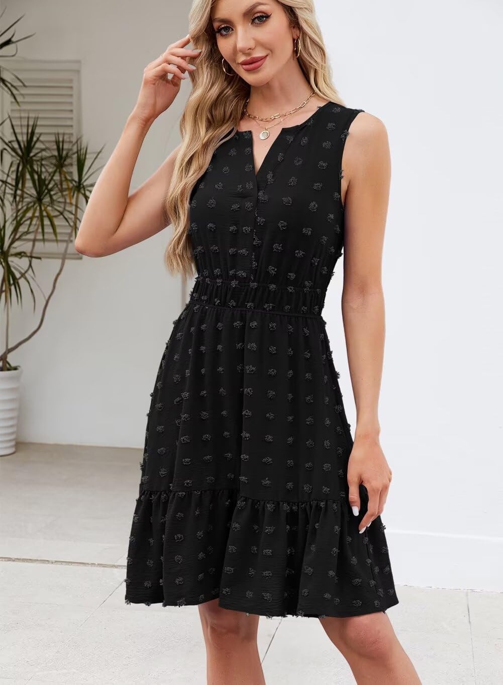 QACOHU 2026 Women Summer Short Dress Sleeveless V Neck Swiss Dot A Line Swing Mini Sundress for Women - Image 5