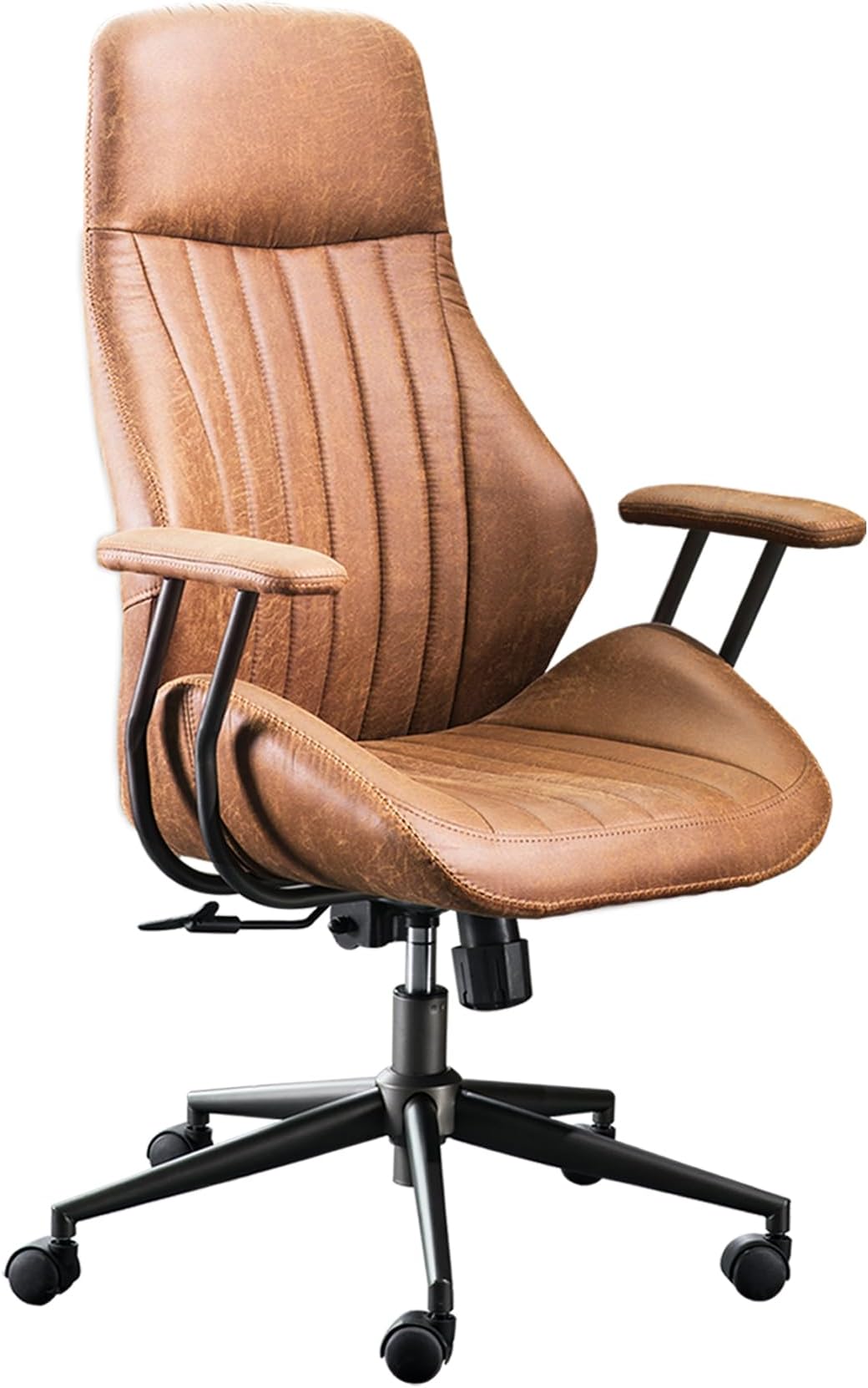 ovios Office Chair, Mid Century Modern Chair with Lumbar Support, Ergonomic High Back Suede Leather Executive Chair with Swivel Rolling Wheels, Brown