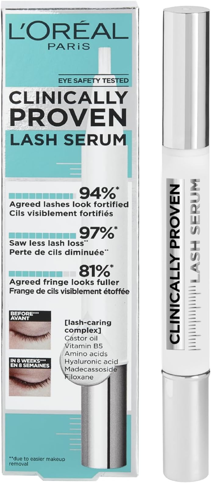 Clinically Proven Lash Serum, For Stronger, Thicker-Looking Lashes, Fortified, Less Lash Loss & Fuller Fringe With Castor Oil & Hyaluronic Acid