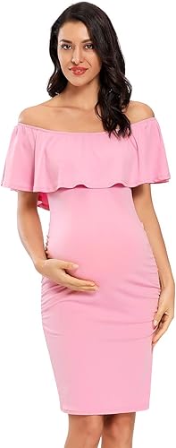 Jezero - Vestido de maternidad con hombros descubiertos, volantes, sin mangas, ajustado para baby shower