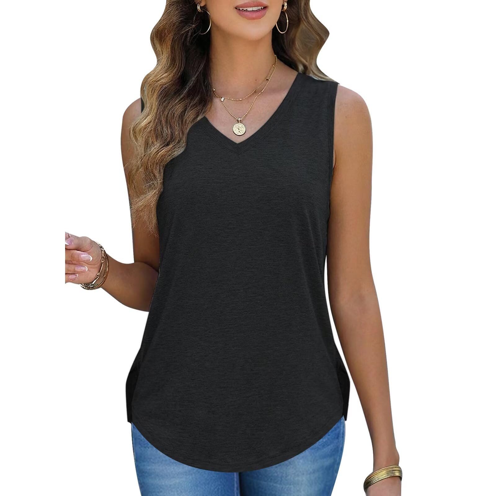 Womens V Neck Cute Tank Top Curved Hem Sleeveless Sexy Cami Tanks Spring Summer Basic Slim Cute Tops Fashion T Shirts