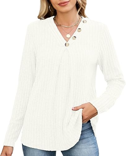 Quatrefox Tops for Women Trendy Fall 2025 Button V Neck Long Sleeve Sweater Ligh