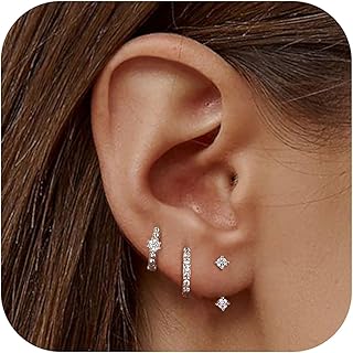 JeweBella 3 Pairs Sterling Silver Stud Hoop Earrings Set for Women 14K Gold Plated Earrings Stacks Dainty Small Stud Hoop Earrings Sets for Multiple Piercings