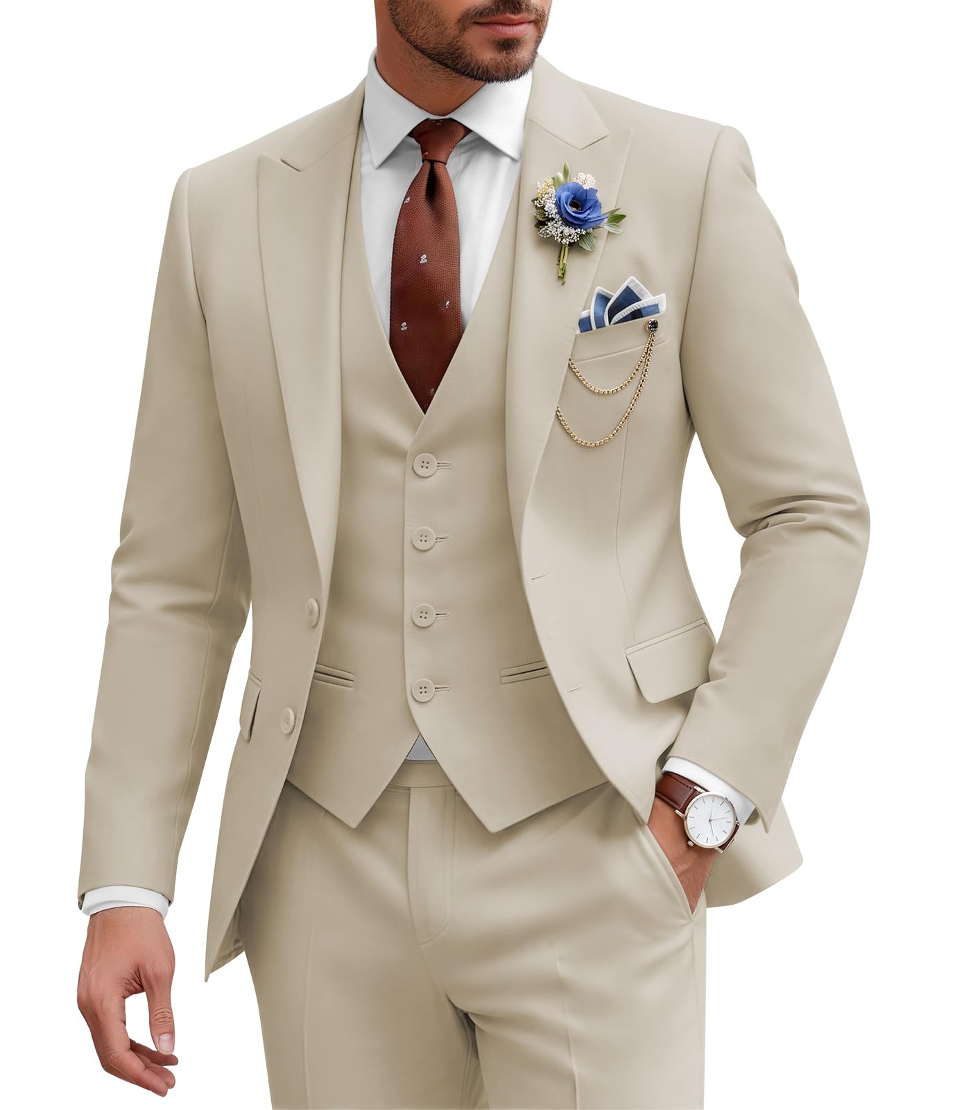 Mens Suit 3 Piece Slim Fit Wedding Business Suits, Peak Lapel Elegant