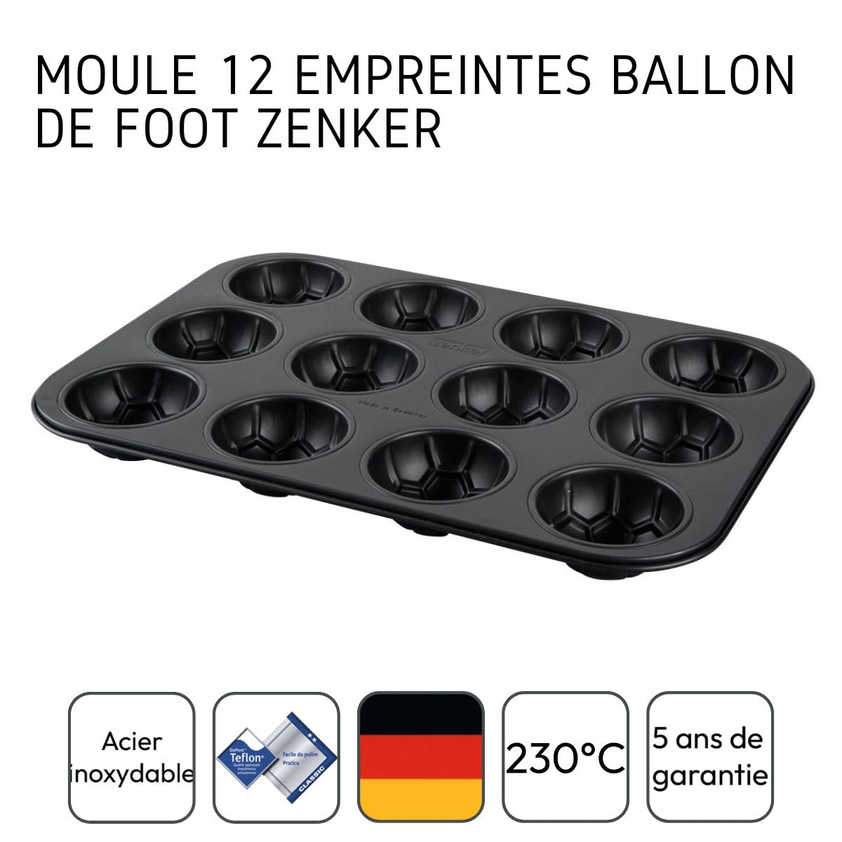 Zenker 62291 Moule à muffins 12 empreintes en forme de ballon de football, moule à gâteaux ballons de foot, Acier inoxydable, 38,5 x 26,5 x 3 cm