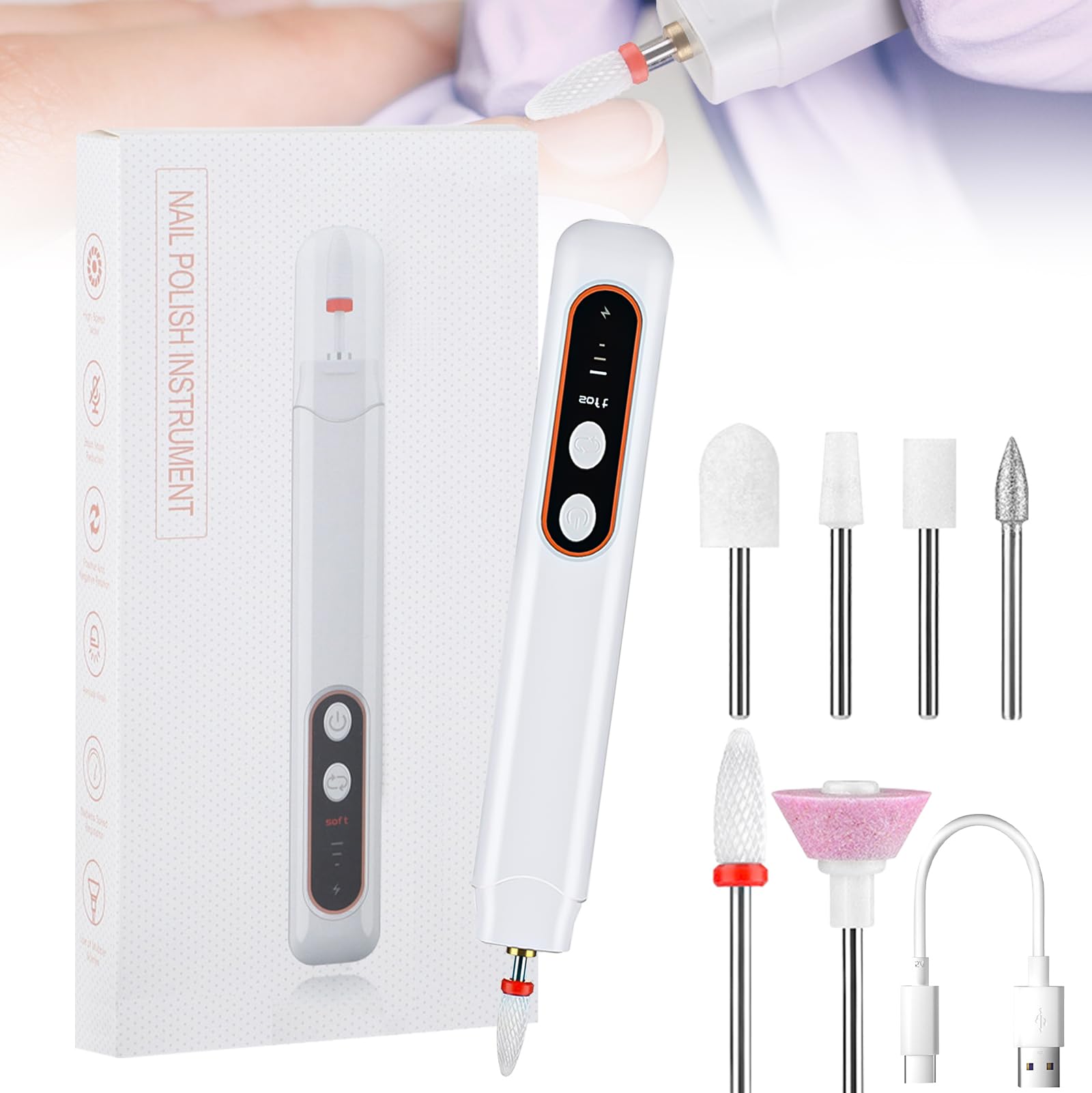 Lima Electrica Uñas, Torno Para Uñas Profesional, Torno Para Uñas con luz, Recargable Por Usb Lima Electrica Uñas para Eliminación Rápida De Esmalte De Gel,Manicura, Ideal para Uso Doméstico