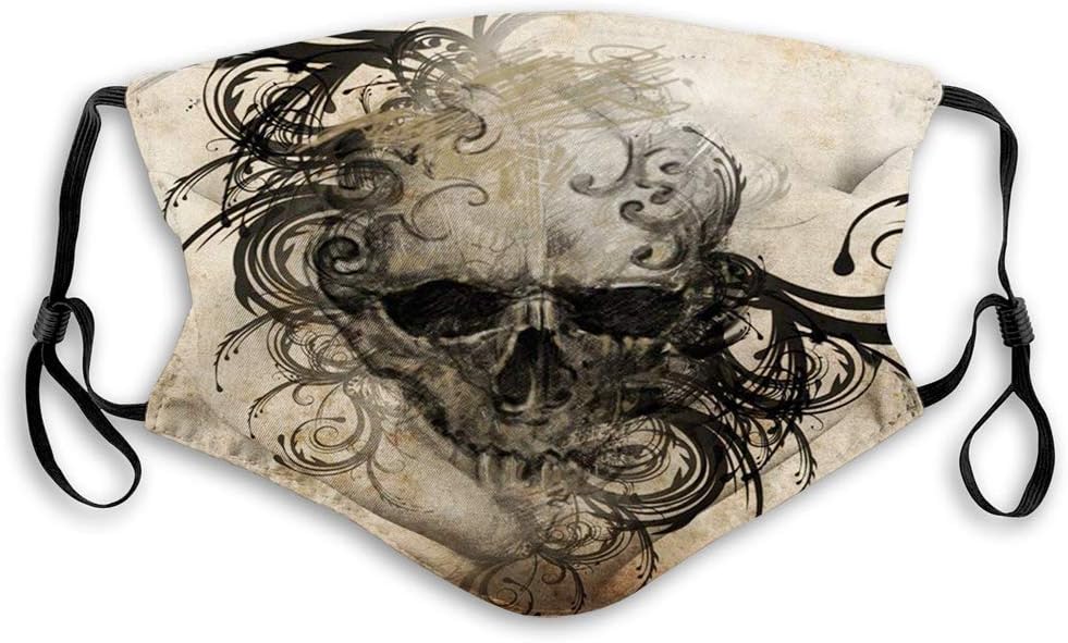 Comfortable Printed mask,Tattoo, Handmade Image of a Skull with Tribal Floral like Designs Around Print,Black and Brown,Windproof Facial decorations for Adults Size：M