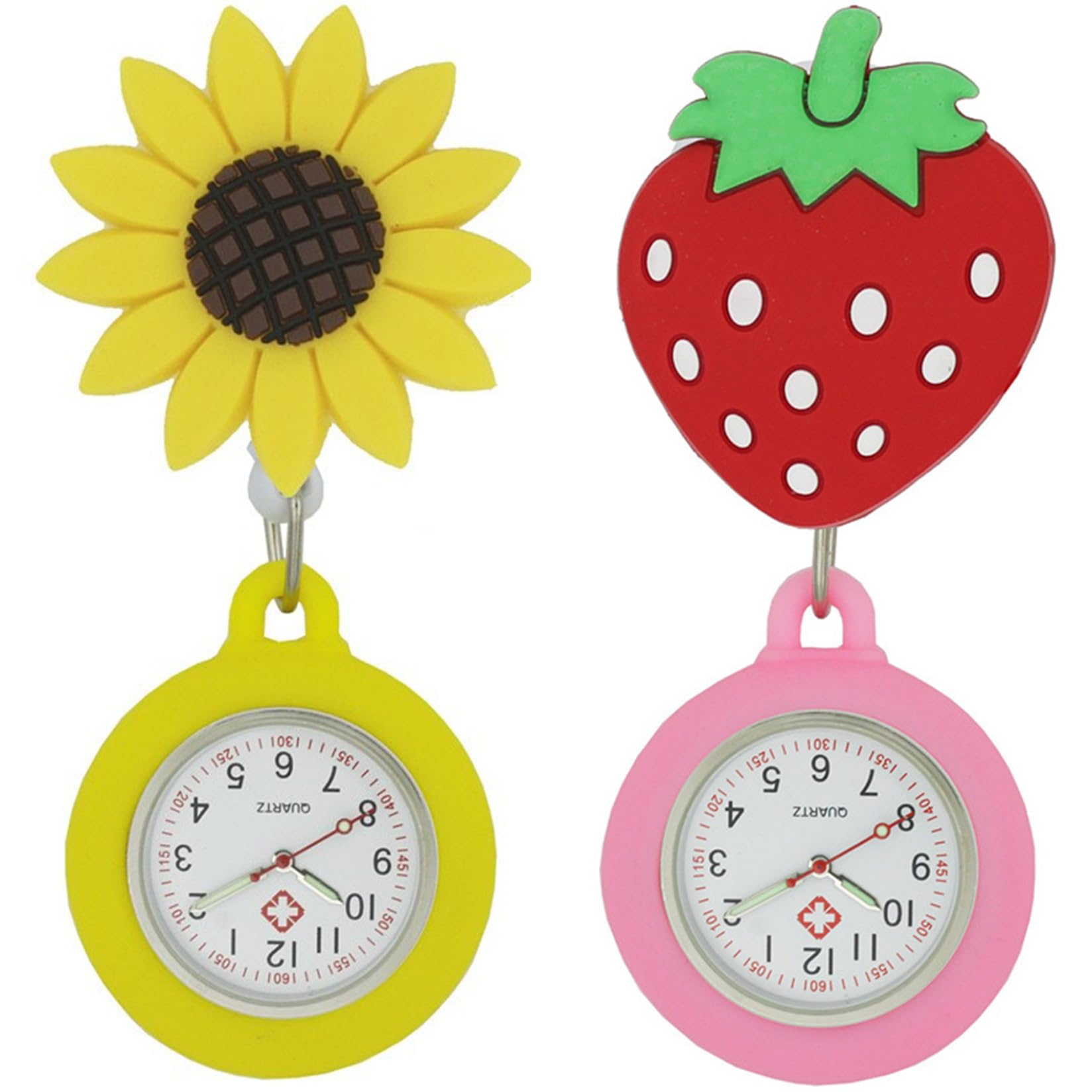 Peosaard Strawberry, Sunflower Fob Watch 2Pcs Removable Quartz Retractable Design Clip-On Accurate Fob Watches For Nurses Doctor Pocket Strawberry Sunflower Nurses Fob Watch Pocket Watch(Strawberry, Sunflower)