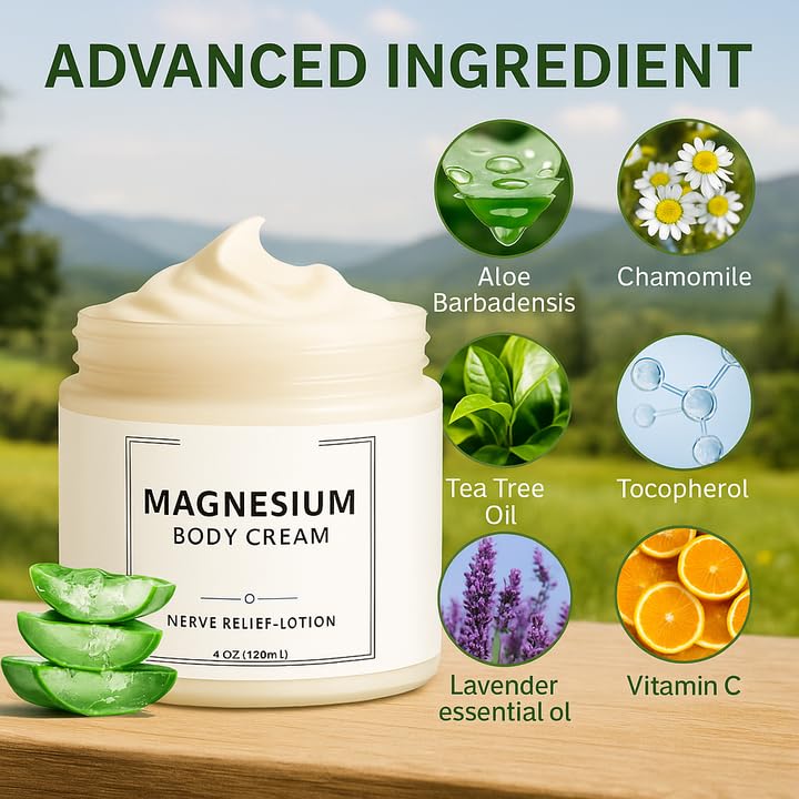 Miniatura 2 de Loción de magnesio  Crema nerviosa con cloruro de magnesio e ingredientes puros para el cuidado de pies y piernas, fórmula no grasa, 4.1 fl oz (1)