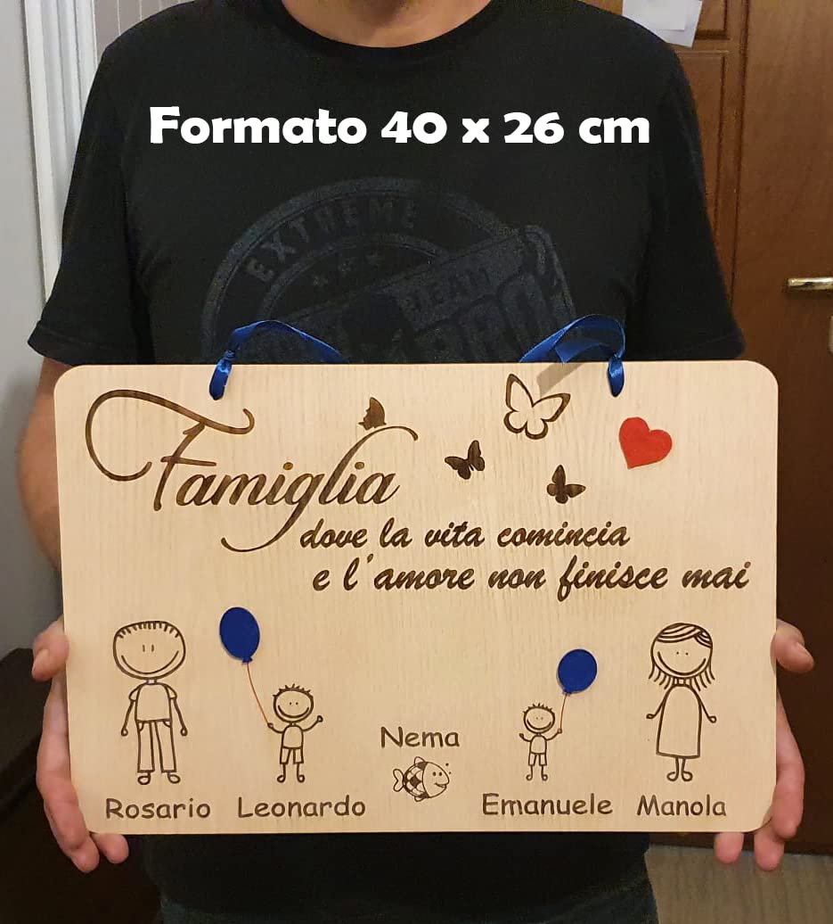 Targhetta in legno personalizzata Famiglia - scegli i personaggi della famiglia da inserire - idee idea regalo legno personalizzato - con base, con fori o biadesivo - TARGA fuoriporta