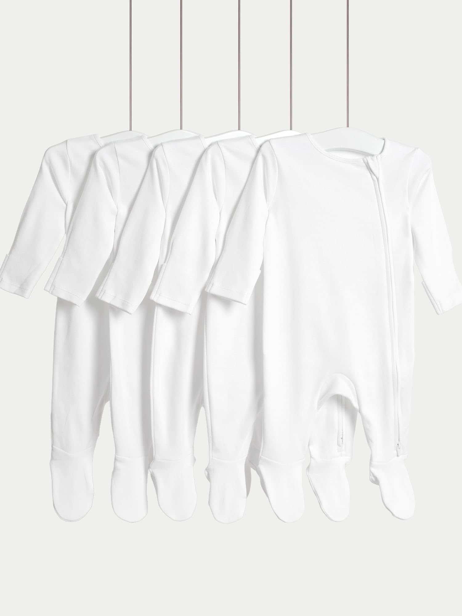Marks & Spencer Grenouillères Bébé Lot de 5 à Zip Frontal, Mixte Garçon et Fille, 100% Pur Coton, Coupe Standard, avec Moufles Anti-Griffures
